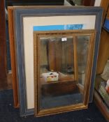 A QUANTITY OF PICTURES AND MIRRORS TOGETHER WITH A WOODEN BOX A/F AND A BOX OF TOY CARS
