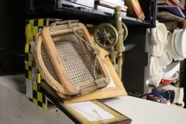 A HEAVY BRASS CANNON AND OTHER BRASS ORNAMENTS, A LARGE OWL, THREE PICTURES AND VINTAGE DUNLOP