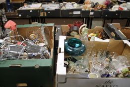 THREE TRAYS OF GLASSWARE, CHINA, CLOCKS AND ORNAMENTS