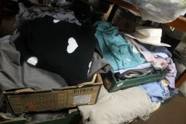 FOUR BOXES OF CLOTHING TO INCLUDE COATS, SHIRTS, HATS, JUMPERS, JACKETS AND A BOX OF HANDBAGS