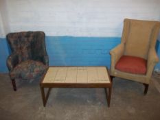 TWO VINTAGE EASY CHAIRS AND A RETRO TEAK TILE TOPPED COFFEE TABLE