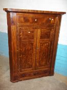 AN ANTIQUE EDWARDIAN WALL HANGING OAK INLAID CORNER CUPBOARD LOCKING WITH DRAWER