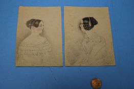 TWO 19TH CENTURY MINIATURE PORTRAIT PAINTINGS OF LADIES, ONE WITH INSCRIPTION TO BACK DATED 1848