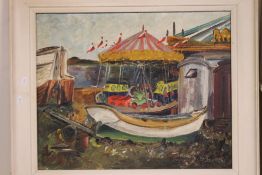 A FRAMED OIL ON BOARD OF A CAROUSEL ETC.