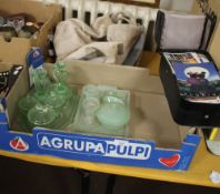 TWO GREEN GLASS DRESSING TABLE SETS, A QUANTITY OF POSTCARDS AND SOME SHOPPING BAGS