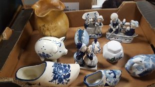 A TRAY OF POTTERY TO INCLUDE DELFT WARE