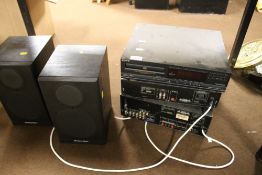 A STACKING SONY HI-FI UNIT WITH A MATCHING PAIR OF MORDAUNT-SHORT SPEAKERS