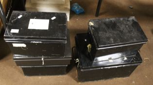 FIVE METAL DEEDS OR CASH BOXES, ONE WITH KEY