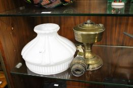 AN OIL LAMP AND MILK GLASS SHADE A/F