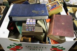 TWO TRAYS TO INCLUDE ALBUM OF COLLECTORS CARDS, BARTHOLOMEW MAPS, VINTAGE CHILDREN'S GAMES, DOLLS