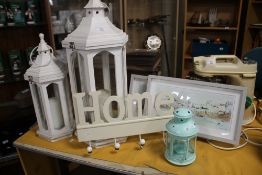 THREE CANDLE LANTERNS, TWO FRAMED PRINTS AND A COAT RACK
