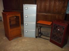 A LOCKING FOUR DRAWER FILING CABINET, AN ADJUSTABLE READING SERVING BED TABLE AND TWO MEDIA HIFI