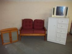 A MODERN TALL BOY WARDROBE, A MODERN TRIPLE MIRROR, A PINE WALL CABINET AND A SOLID PINE TWO