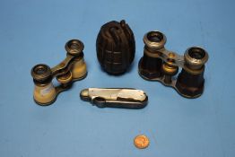 A HAND GRENADE PAPERWEIGHT AND TWO PAIRS OF OPERA GLASSES AND A MOTHER-OF-PEARL HANDLED PENKNIFE