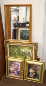 AN OIL PAINTING ON CANVAS OF A COUNTRY SCENE ALONG WITH A FRAMED MIRROR AND A QUANTITY OF PICTURES