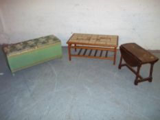 A RETRO TEAK TILE TOPPED COFFEE TABLE WITH STRETCHER SHELF, AN OAK TWIST TOP DROP LEAF SIDE TABLE, A