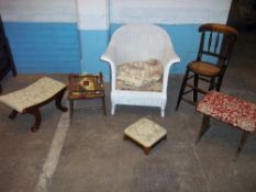A LOOM STYLE CHAIR, TWO VINTAGE STOOLS, AN ANTIQUE MINIATURE ROCKING CHAIR AND AN OAK ANTIQUE CHAIR