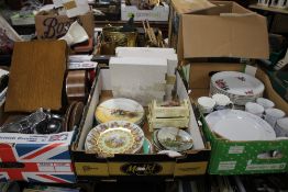 THREE TRAYS OF CERAMICS AND SUNDRIES TO INCLUDE STAINLESS STEEL COFFEE SET AND TRAY, MANTEL CLOCK,