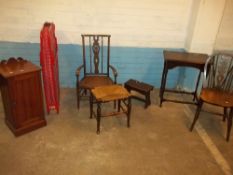 THREE CHAIRS, A STOOL, AN ANTIQUE OAK SIDE TABLE AND AN ANTIQUE BEDSIDE CABINET