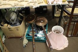 TWO BOXES OF SUNDRIES TO INCLUDE TWO COPPER BEDWARMERS, TWO SINK TIDIES, FLATWARE, COFFEE POT,