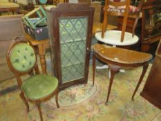 A WALNUT DEMI-LUNE TABLE, BEDROOM CHAIR AND A GLAZED CABINET (3)