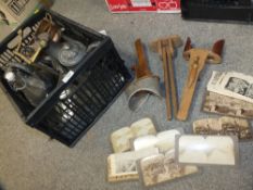 A TRAY OF METALWARE AND GLASS BOTTLES TOGETHER WITH TWO VINTAGE PHOTOGRAPH VIEWERS