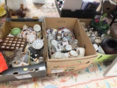 THREE TRAYS OF ASSORTED CHINA AND CERAMICS TO INCLUDE ELIZABETHAN CHINA, IMARI STYLE PLATES ETC.