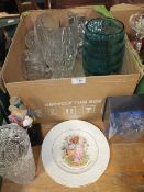 TWO TRAYS OF ASSORTED CERAMICS AND FIGURES TO INCLUDE COLLECTORS PLATES, TOGETHER WITH A TRAY OF