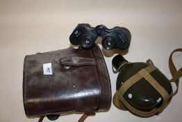 A CASED PAIR OF REGENT 10X50 BINOCULARS TOGETHER WITH A MILITARY STYLE FLASK