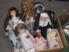 A BOX OF PORCELAIN HEADED DOLLS ETC.