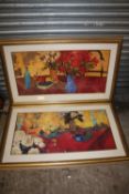 A PAIR OF LARGE GILT FRAMED AND GLAZED STILL LIFE STUDIES OF TABLE TOP SCENES - OVERALL SIZE 122CM X