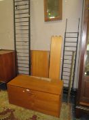 A RETRO TEAK LADDERAX STYLE MODULAR BOOKCASE - WITH ONE CUPBOARD, FOUR LONG SHELVES AND THREE