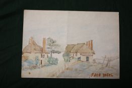 AFTER FRED YATES - AN UNFRAMED WATERCOLOUR OF COTTAGES, SIZE 25.5 CM X 17.5 CM