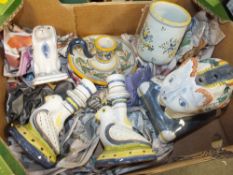 A BOXED SPANISH AND PORTUGUESE CERAMICS TO INCLUDE A PAIR OF CANDLESTICKS