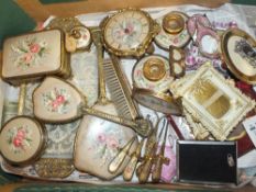 A TRAY OF GILDED DRESSING TABLE ITEMS, TRAVEL VANITY CASE AND PICTURE FRAMES