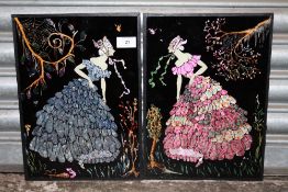TWO FOIL PICTURES DEPICTING LADIES IN AN ART DECO STYLE - SIZES 35.5CM X 25.5CM