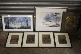 THREE ASSORTED FRAMED AND GLAZED WATERCOLOURS, TOGETHER WITH A SET OF FOUR ENGRAVINGS RELATING TO