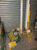 TWO LARGE WORK LIGHTS ON TRIPODS TOGETHER WITH TWO SMALLER EXAMPLE, QUANTITY OF CABLE ETC - HOUSE