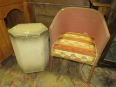 A WICKER BEDROOM CHAIR AND LAUNDRY BIN (2)