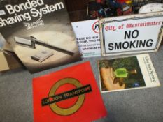 A COLLECTION OF VINTAGE BARBER & TRANSPORT ADVERTISING SIGNS, TO INCLUDE ENAMEL EXAMPLES