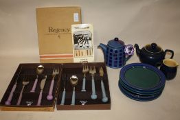 A COLLECTION OF DENBY STONEWARE TO INCLUDE REGENCY CUTLERY SETS, TEAPOTS ETC
