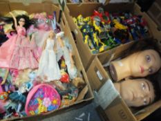 A TRAY OF TRANSFORMER TOYS TOGETHER WITH A TRAY OF BARBIE DOLLS ETC. AND TWO HAIRDRESSER'S