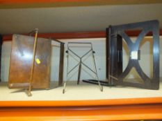 THREE COAT RACKS TOGETHER WITH TWO SHELVES AND THREE MUSIC STANDS