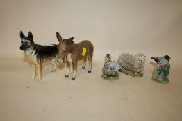 A BESWICK DONKEY AND BESWICK ALSATIAN FIGURE PLUS THREE OTHER FIGURES (5)