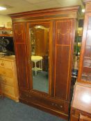 AN EDWARDIAN MAHOGANY INLAID WARDROBE, SIGNS OF WORM DAMAGE H-202 W-130 CM