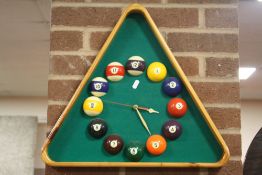 A NOVELTY POOL / BILLIARD BALL TRIANGULAR WALL CLOCK HEIGHT - 46CM