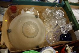 A TRAY OF ASSORTED GLASSWARE TO INCLUDE A CUT GLASS CEILING LIGHT SHADE, DECANTERS ETC.