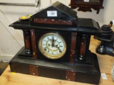 A BLACK SLATE AND MARBLE ANSONIA GONG STRIKE MANTEL CLOCK WITH KEY AND PENDULUM, H 35 CM, W 44 CM, D