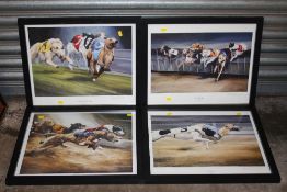 A SET OF FOUR FRAMED AND GLAZED SIGNED GREYHOUND RACING INTEREST PRINTS BY DAVID FRENCH OVERALL SIZE