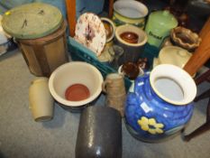 A QUANTITY OF CERAMICS AND STONEWARE TO INCLUDE VASES, JUGS, BREAD BIN ETC.